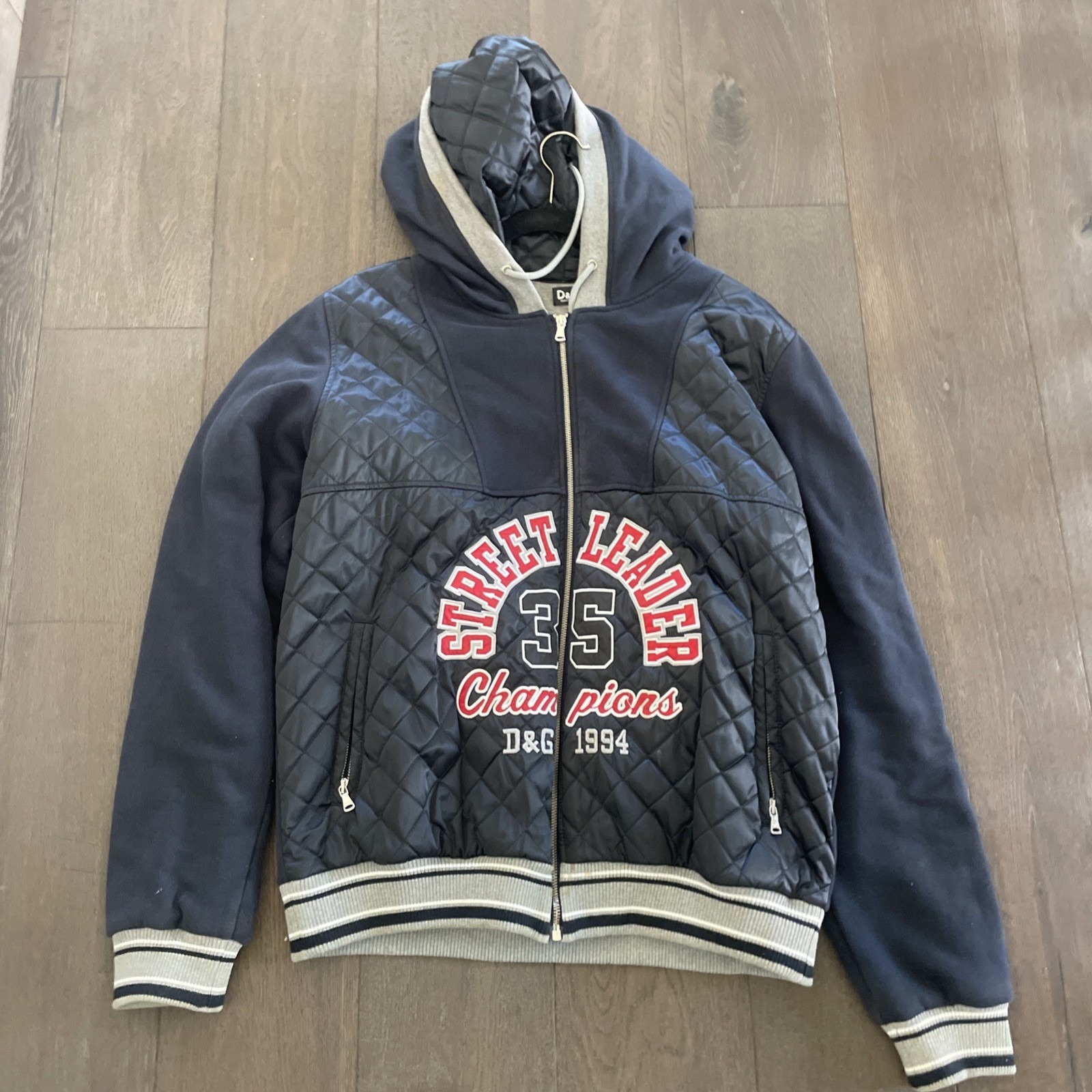 D&G Dark Blue Cotton Knit Contrast Quilted Detail Zip Front Hooded Jacket